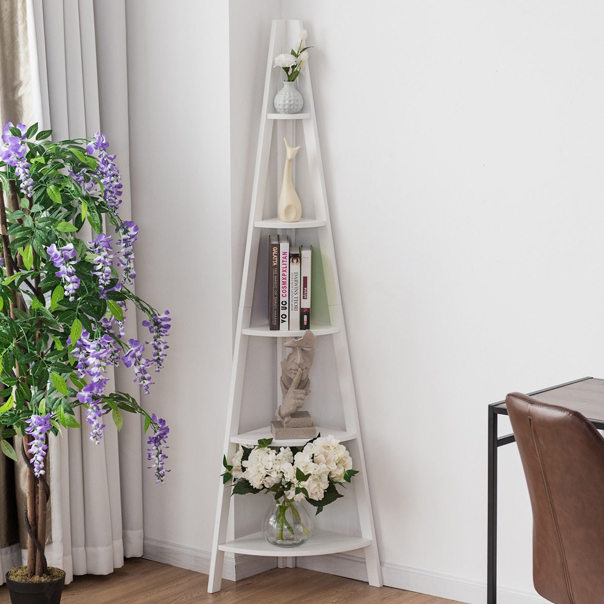 5 Tier Floor Corner Stand Ladder Shelves Bookshelf