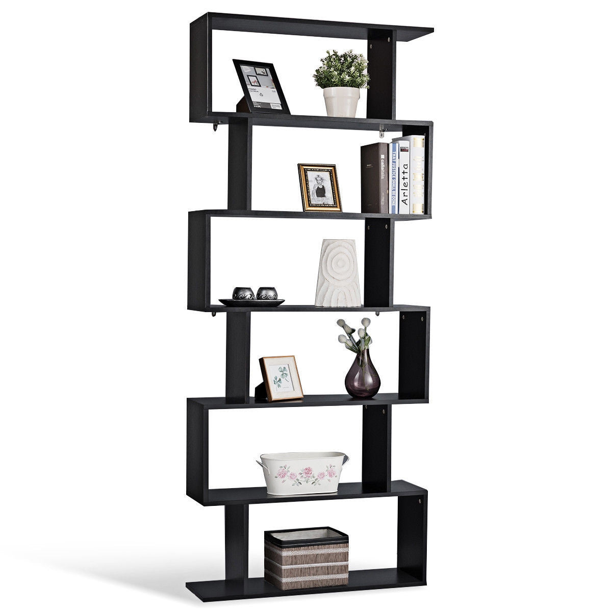 6-Tier S-Shaped Bookcase Z-Shelf Style Storage Bookshelf
