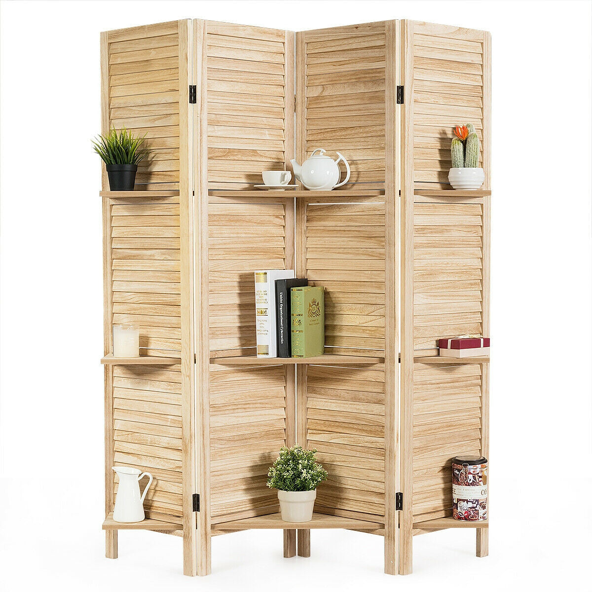 4 Panel Freestanding Folding Hinged Room Divider with 3 Display Shelves