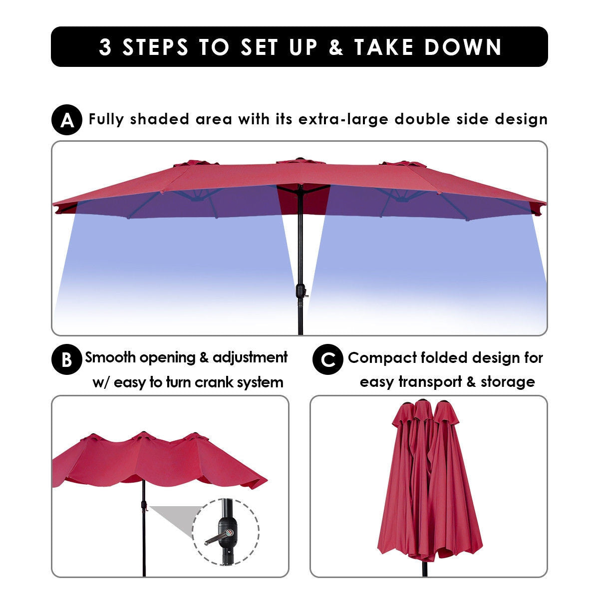 15' Twin Patio Umbrella Double-Sided Outdoor Market Umbrella