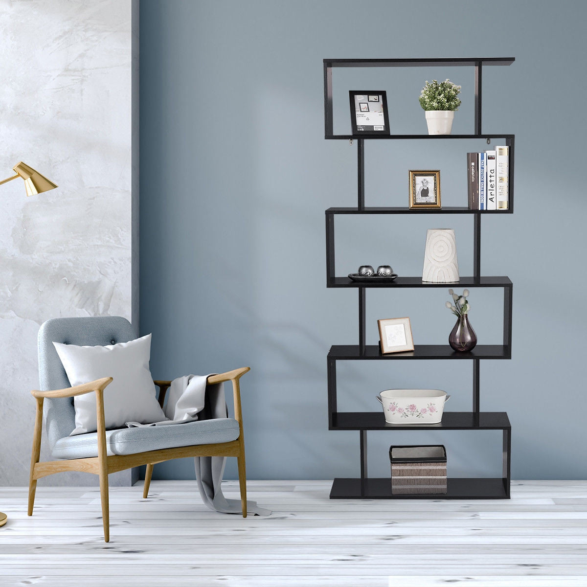 6-Tier S-Shaped Bookcase Z-Shelf Style Storage Bookshelf