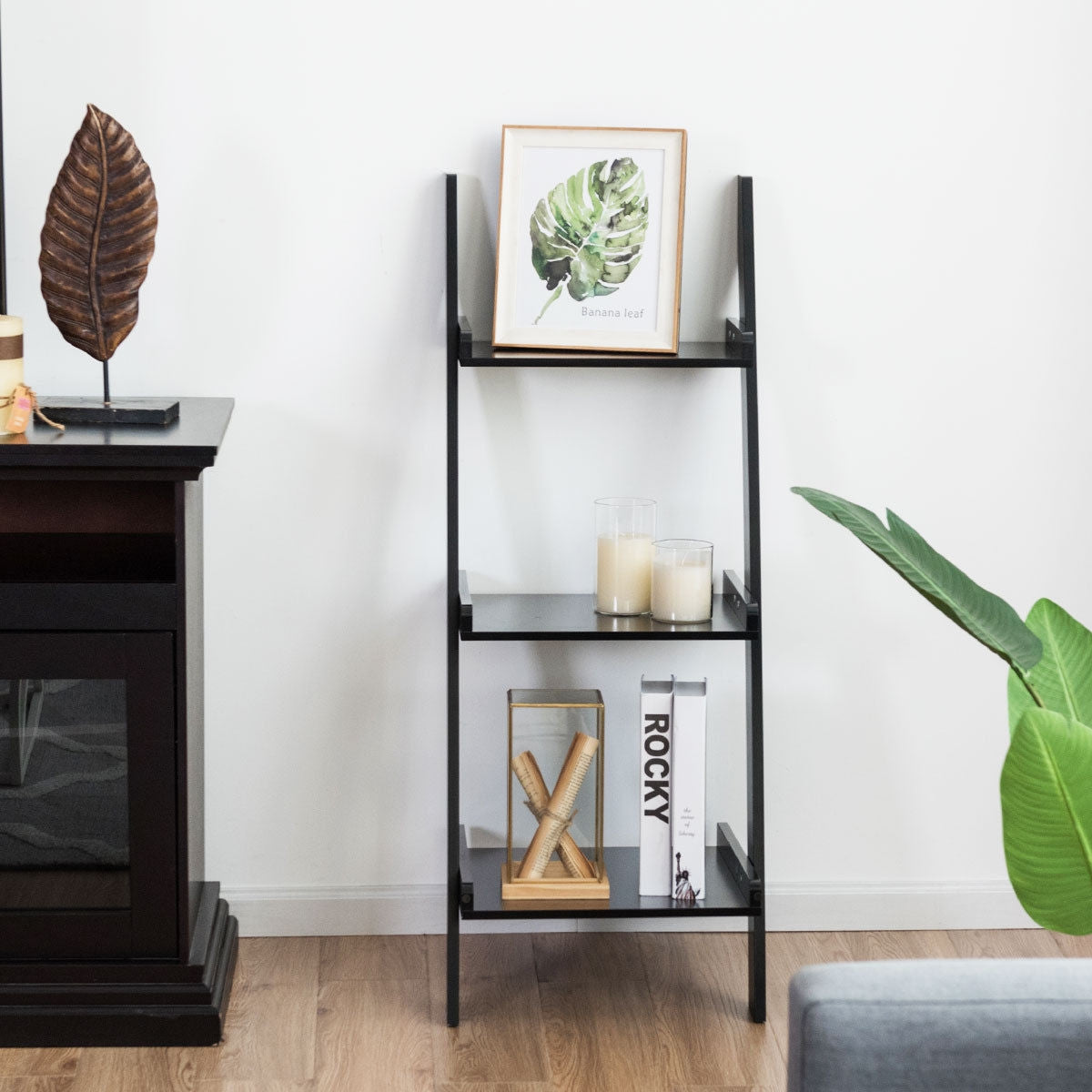 3 Tier Leaning Rack Wall Book Shelf Ladder