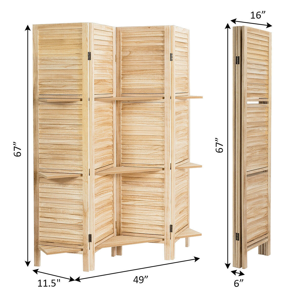 4 Panel Freestanding Folding Hinged Room Divider with 3 Display Shelves