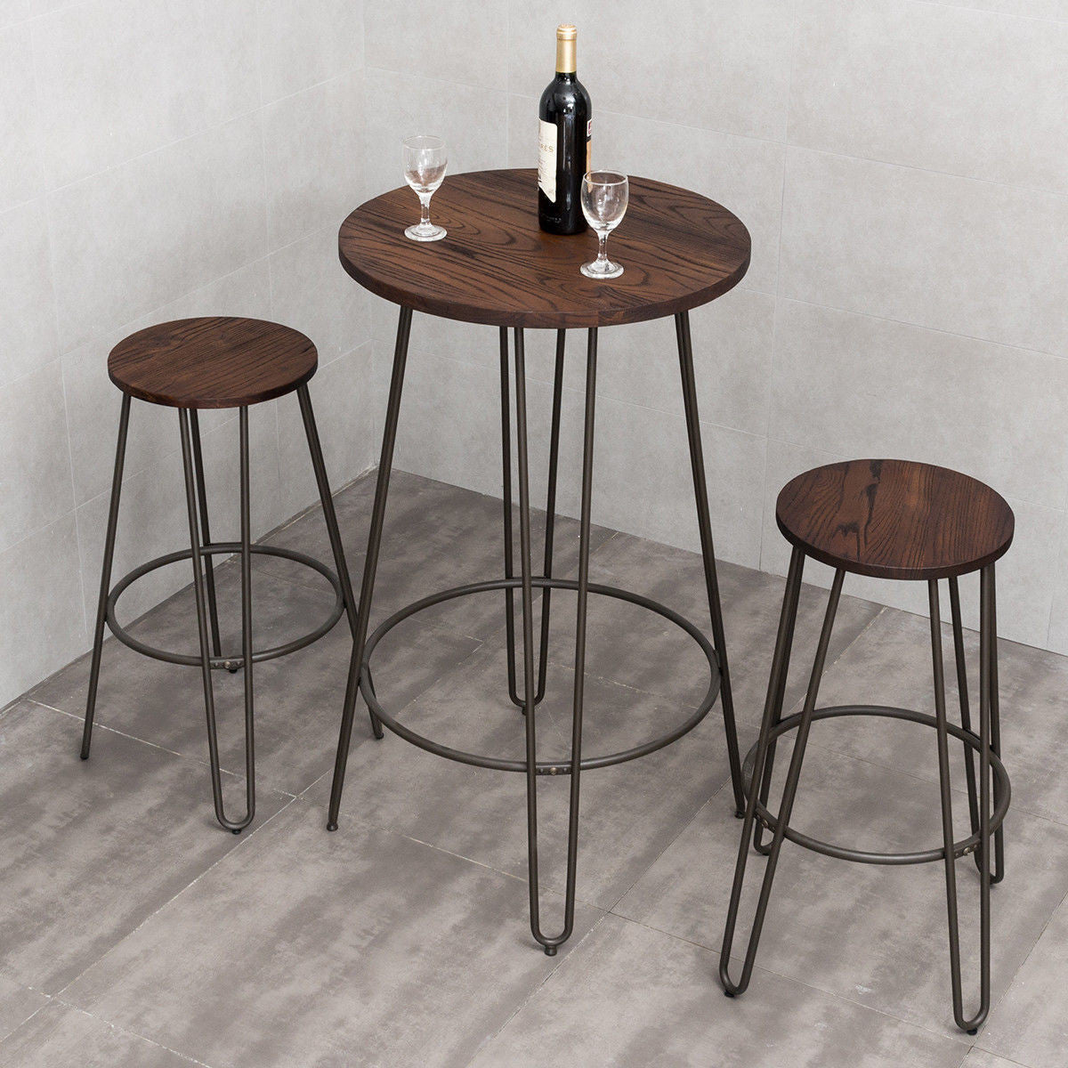 3 Pcs Wood Round Bar Table Bistro Stool Set