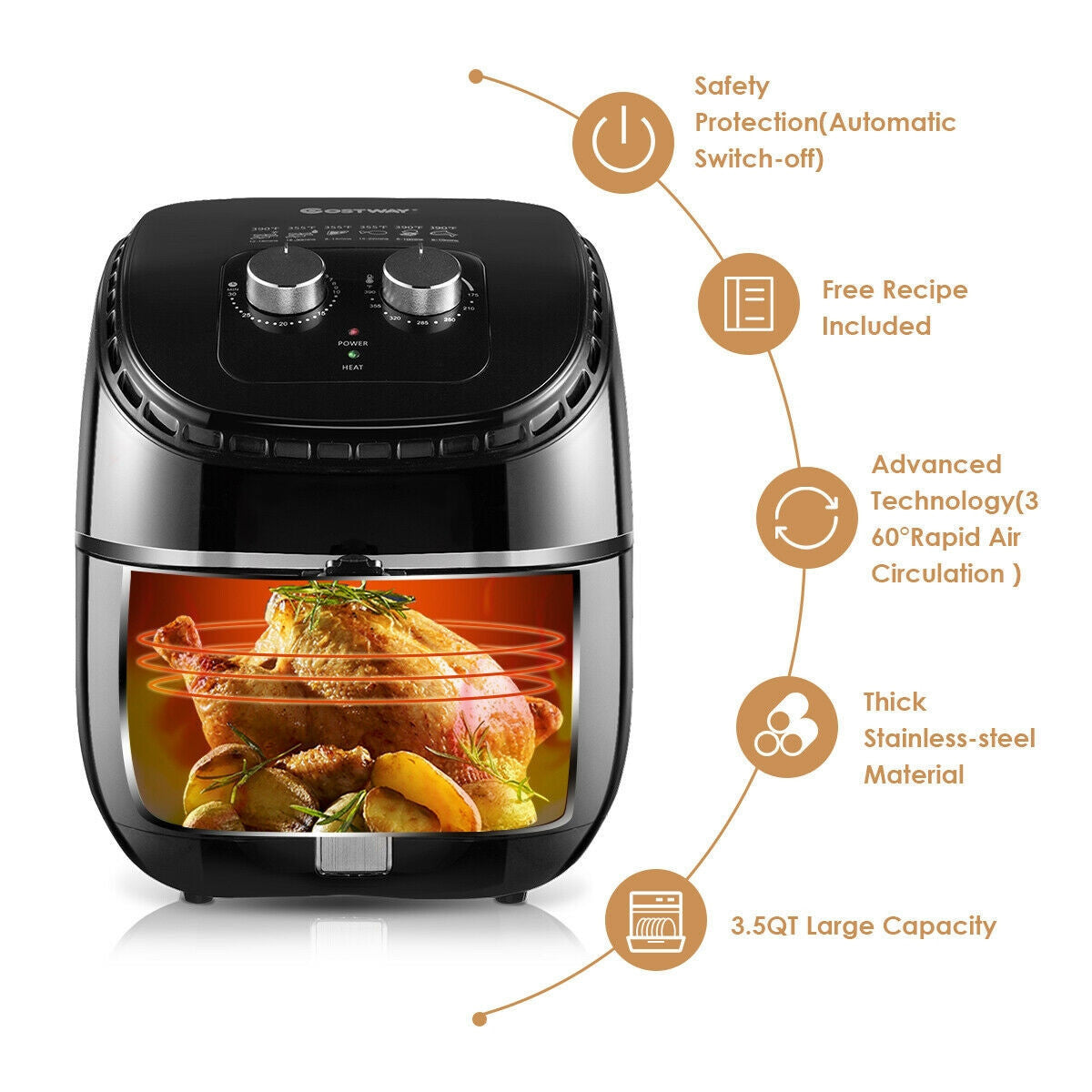 3.5 QT Electric 1300W Hot Air Fryer with Timer& Temperature Control