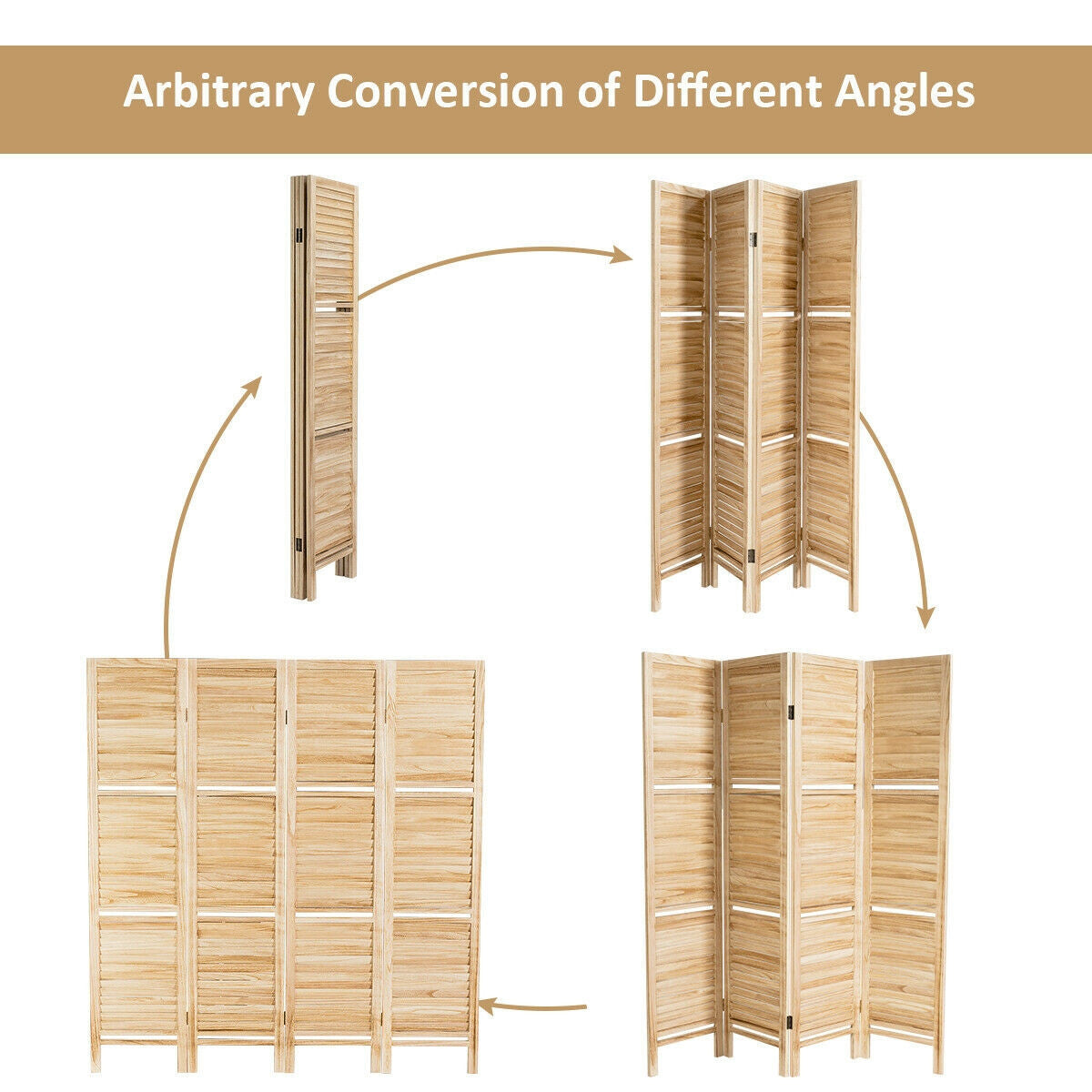 4 Panel Freestanding Folding Hinged Room Divider with 3 Display Shelves