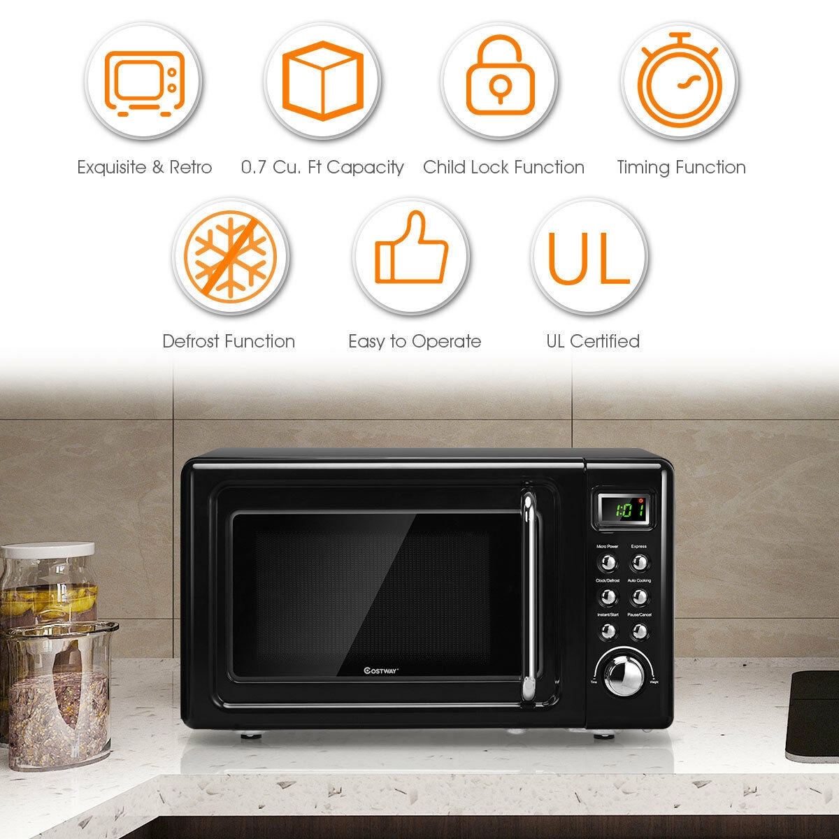 700W Glass Turntable Retro Countertop Microwave Oven