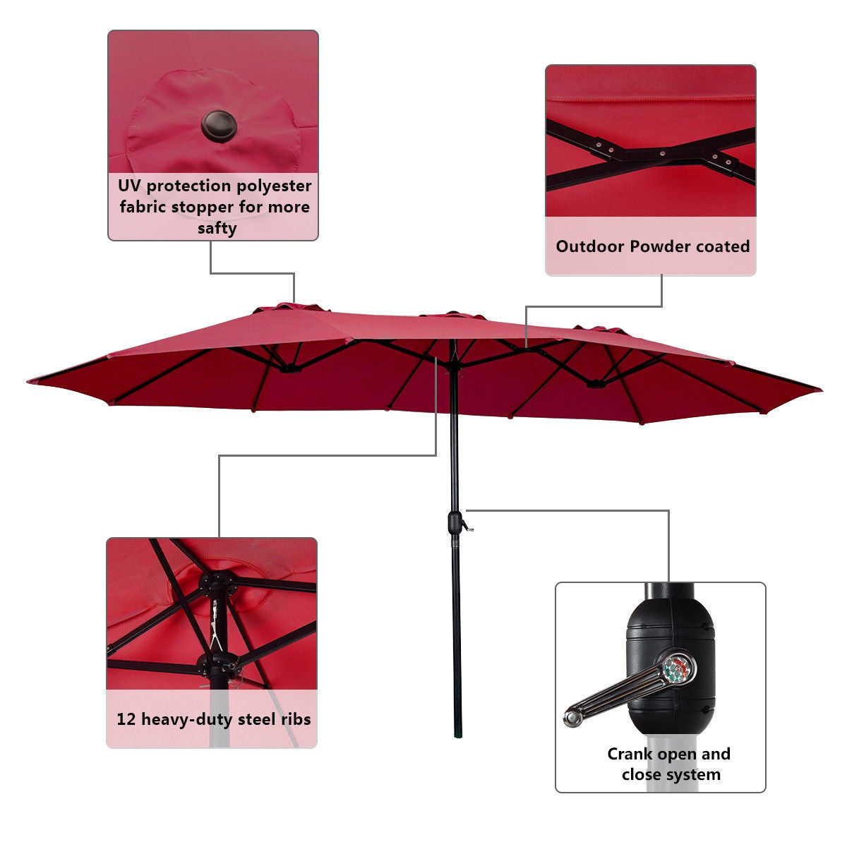 15' Twin Patio Umbrella Double-Sided Outdoor Market Umbrella