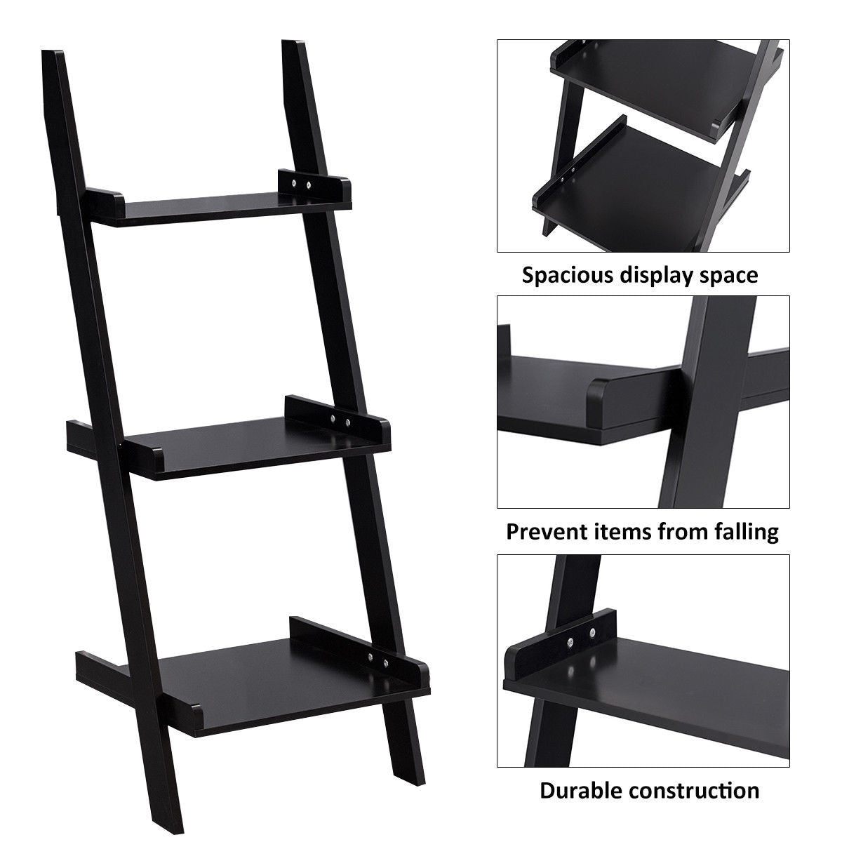 3 Tier Leaning Rack Wall Book Shelf Ladder