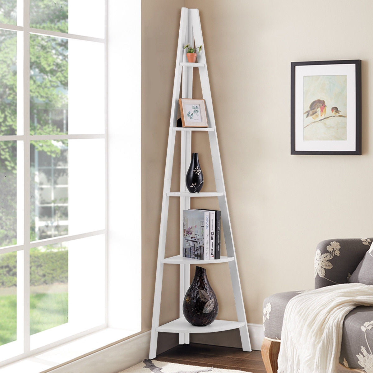 5 Tier Floor Corner Stand Ladder Shelves Bookshelf