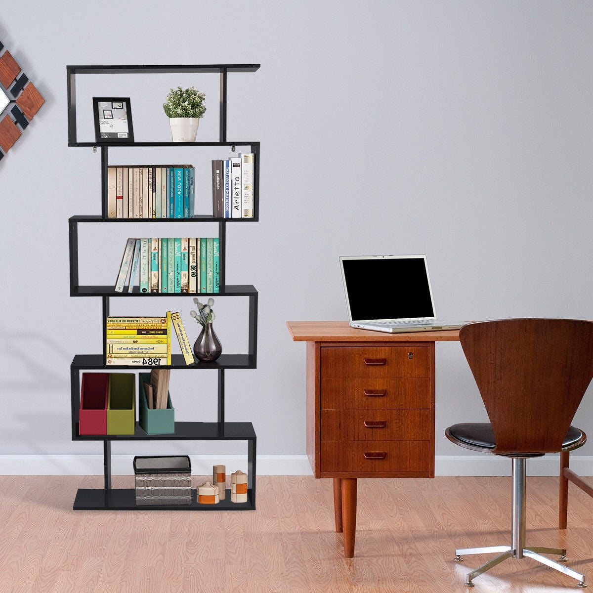 6-Tier S-Shaped Bookcase Z-Shelf Style Storage Bookshelf