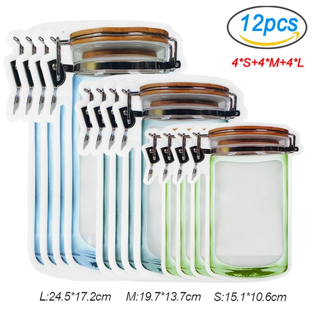 Upgraded Mason Jar Bags Reusable Plastic Ziplock Bag Snack Nuts Cookies Bag Kitchen Organizer for Seal Fresh Food Storage Bag