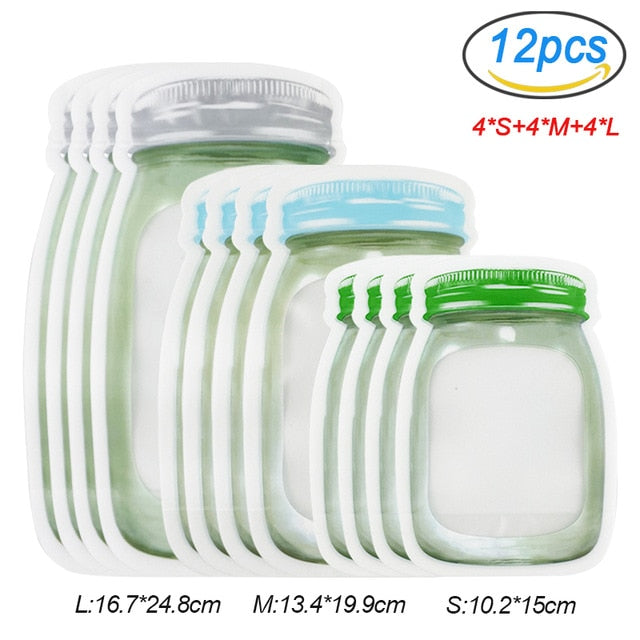 Upgraded Mason Jar Bags Reusable Plastic Ziplock Bag Snack Nuts Cookies Bag Kitchen Organizer for Seal Fresh Food Storage Bag
