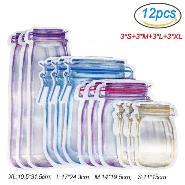 Upgraded Mason Jar Bags Reusable Plastic Ziplock Bag Snack Nuts Cookies Bag Kitchen Organizer for Seal Fresh Food Storage Bag