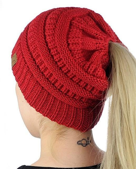 Chunky Knit Beanie Hat pony tail pocket PeekWise