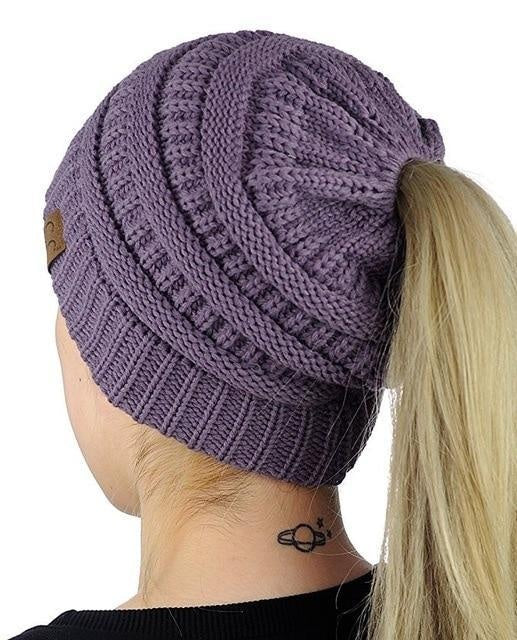 Chunky Knit Beanie Hat pony tail pocket PeekWise