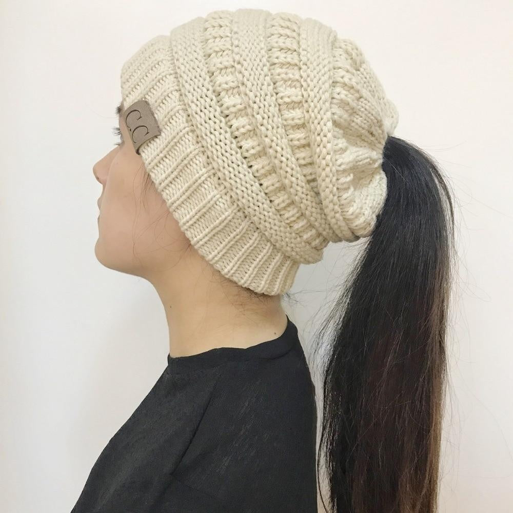 Chunky Knit Beanie Hat pony tail pocket PeekWise