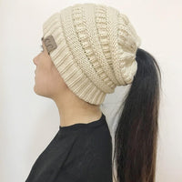 Thumbnail for Chunky Knit Beanie Hat pony tail pocket PeekWise