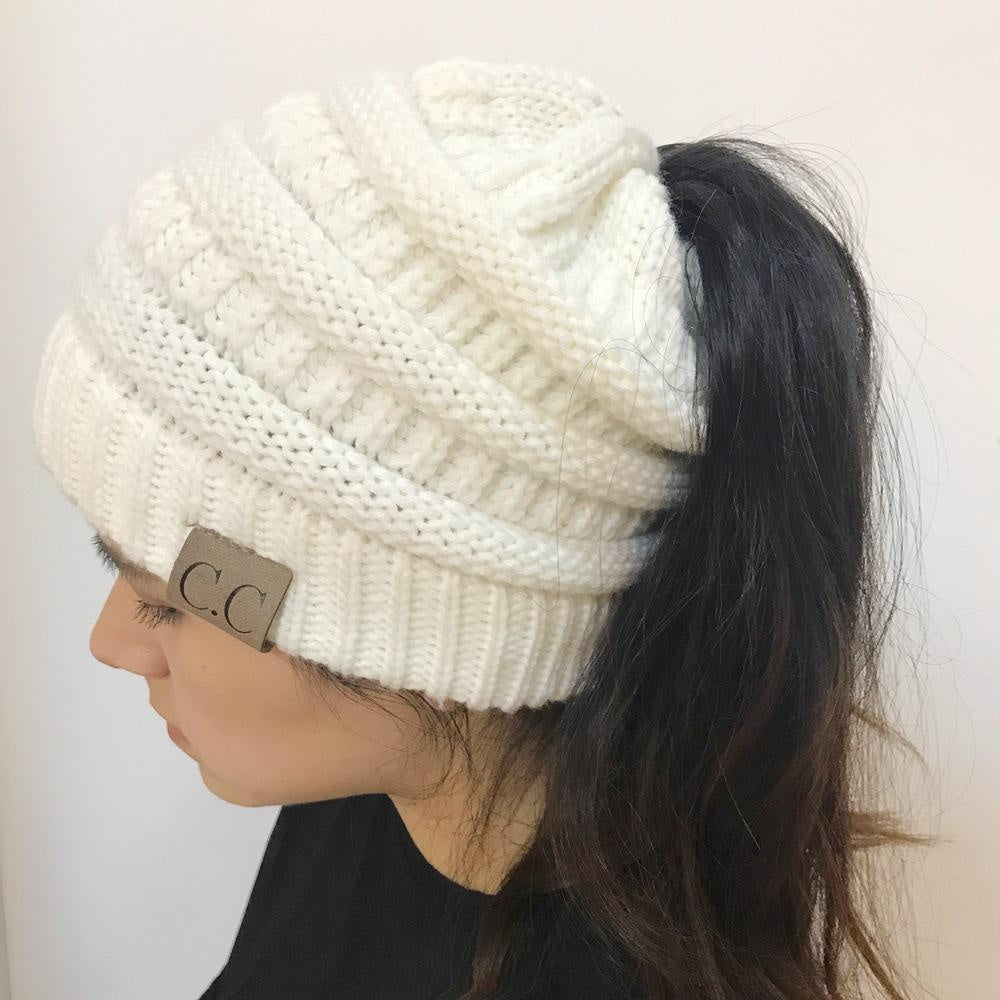 Chunky Knit Beanie Hat pony tail pocket PeekWise