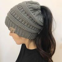 Thumbnail for Chunky Knit Beanie Hat pony tail pocket PeekWise