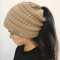 Thumbnail for Chunky Knit Beanie Hat pony tail pocket PeekWise