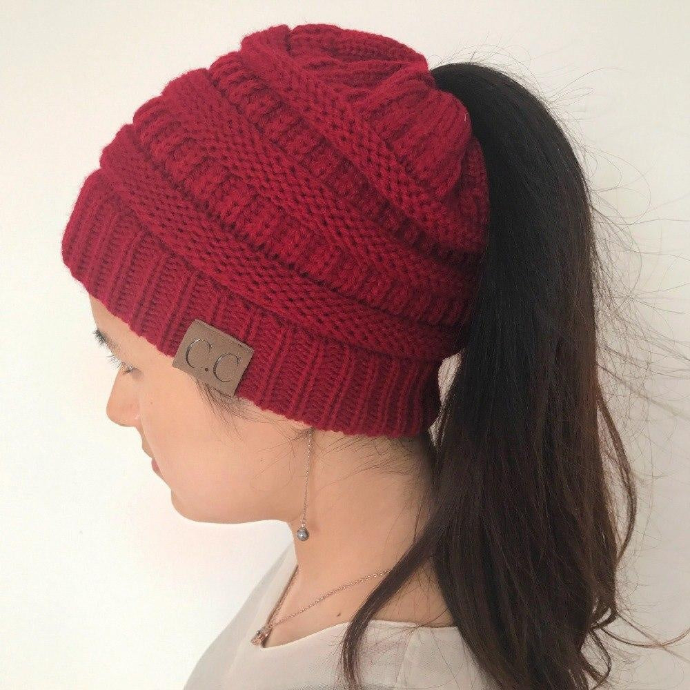 Chunky Knit Beanie Hat pony tail pocket PeekWise