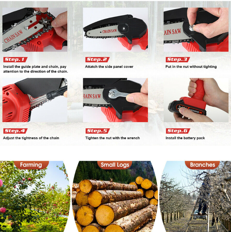 550W 21V Electric Cordless Chain Saw One-Hand Saw Wood Cutter w/ Battery&Charger